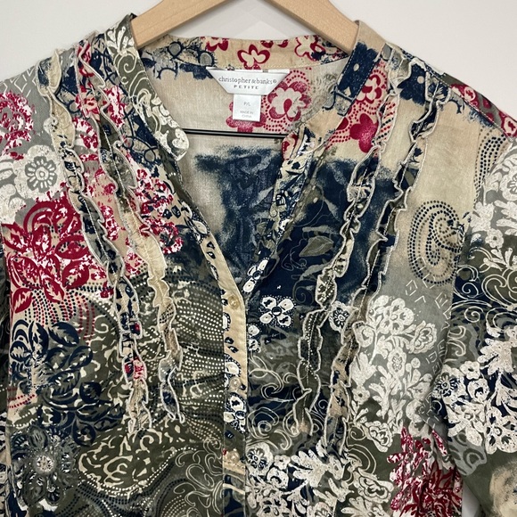 Christopher & banks multi color floral button down shirt with ruffles - Picture 2 of 11